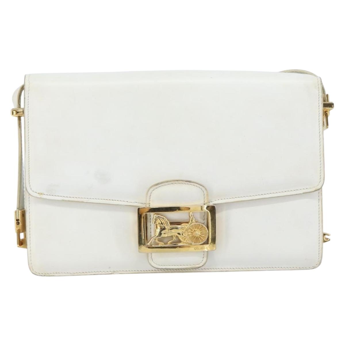 CELINE Shoulder Bag Leather White Gold Auth 156322
