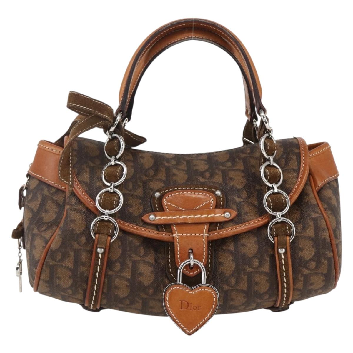 Christian Dior Romantic Trotter Canvas Hand Bag PVC Brown Silver Auth 156325A