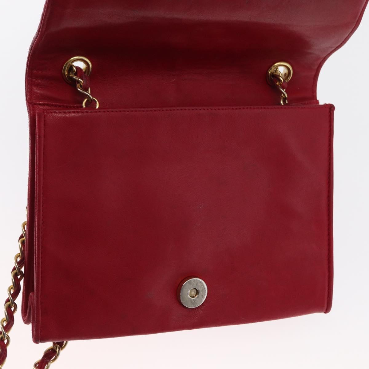 CHANEL Matelasse Chain Shoulder Bag Lamb Skin Red Gold CC Auth 156350