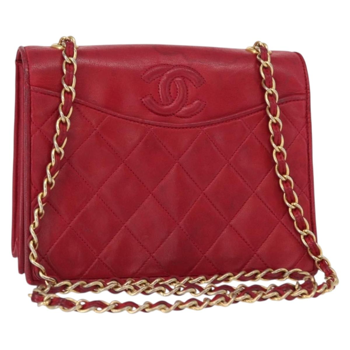 CHANEL Matelasse Chain Shoulder Bag Lamb Skin Red Gold CC Auth 156350