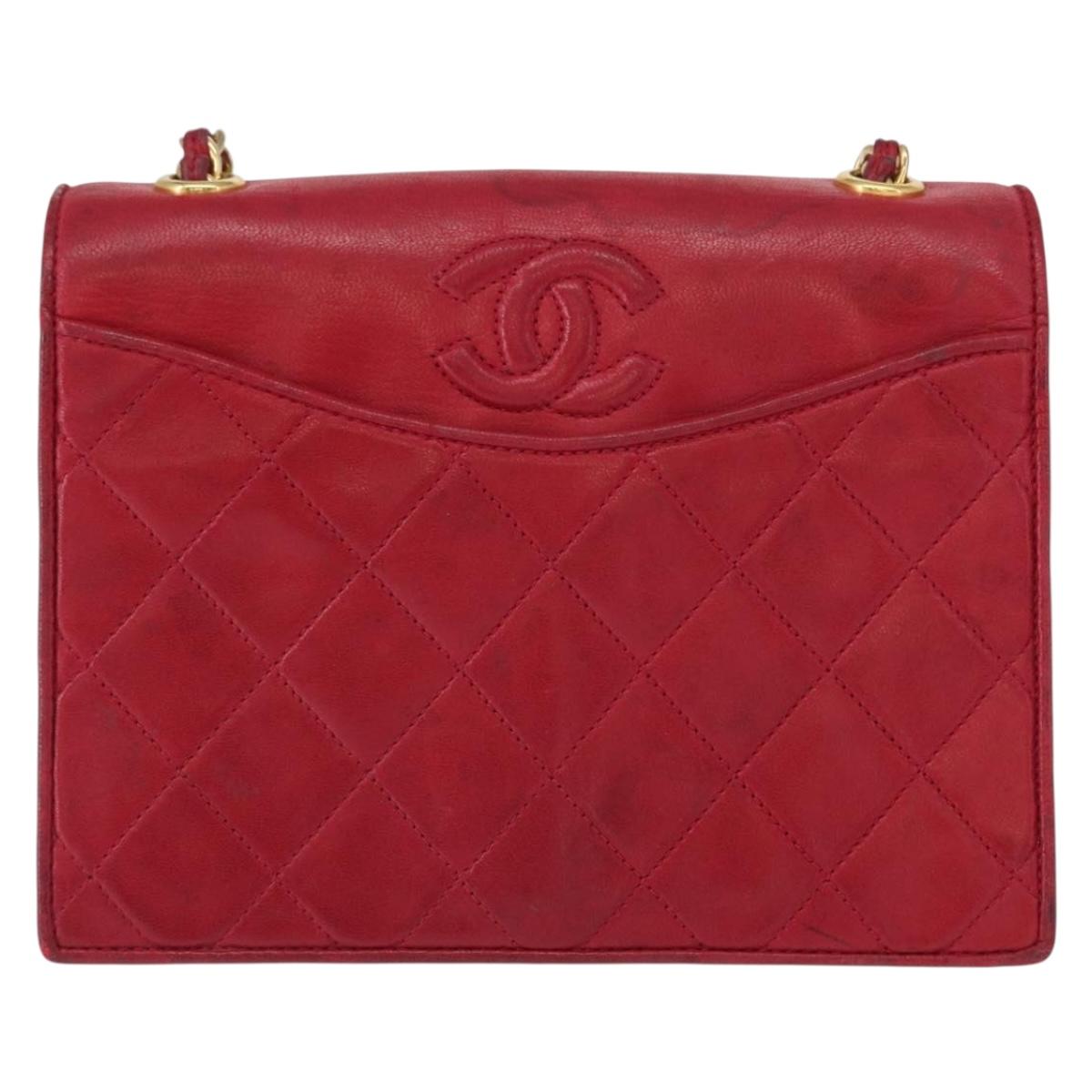 CHANEL Matelasse Chain Shoulder Bag Lamb Skin Red Gold CC Auth 156350