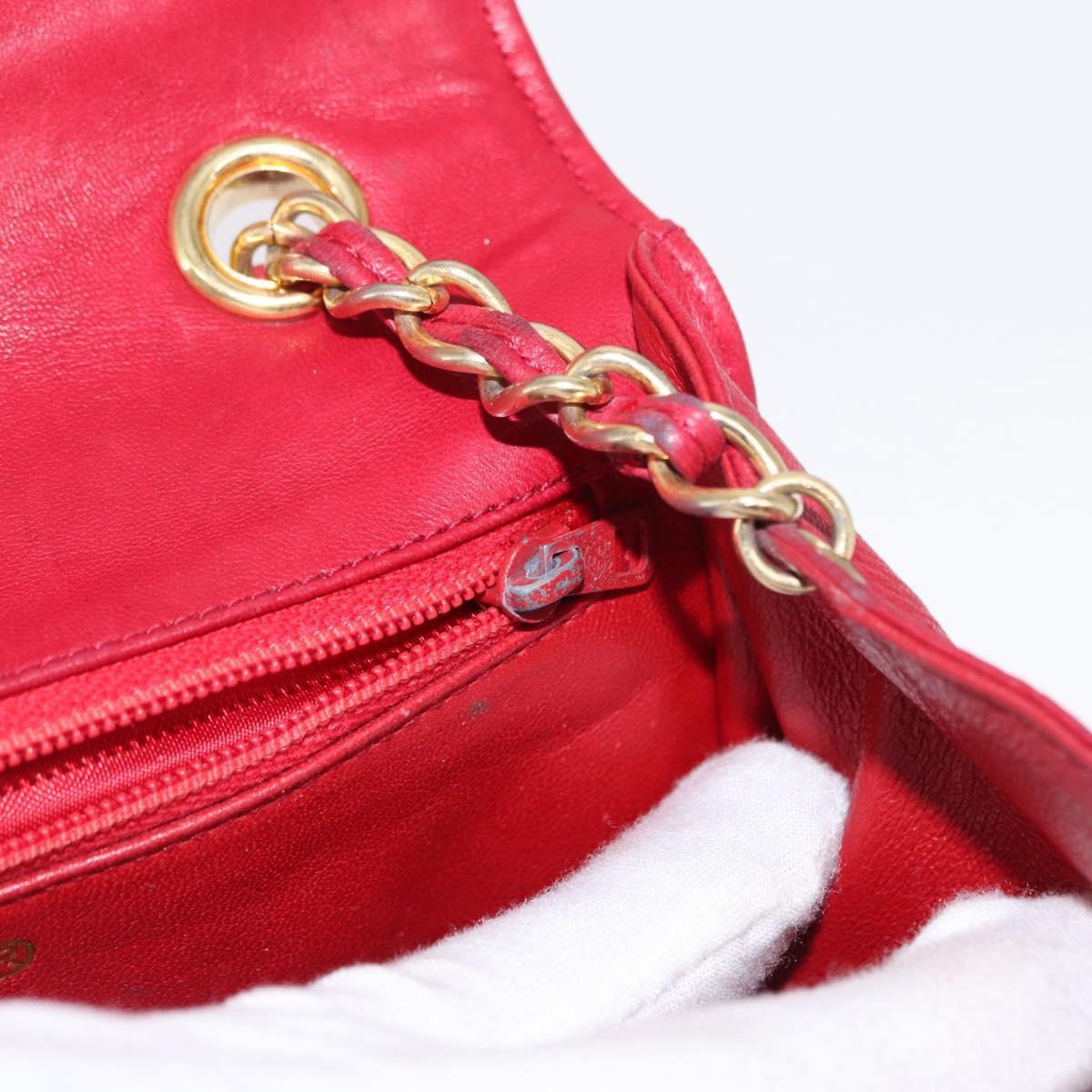 CHANEL Matelasse Chain Shoulder Bag Lamb Skin Red Gold CC Auth 156350