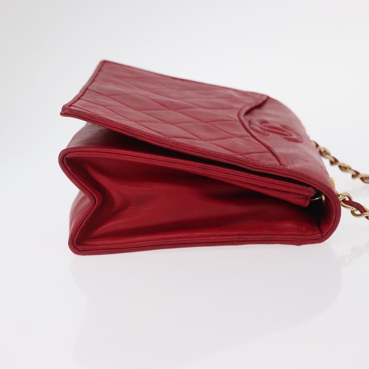 CHANEL Matelasse Chain Shoulder Bag Lamb Skin Red Gold CC Auth 156350