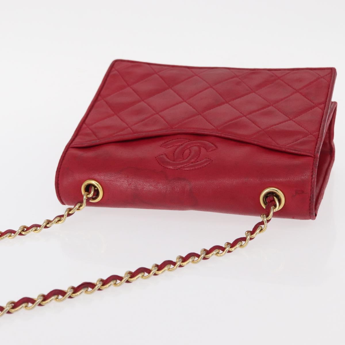CHANEL Matelasse Chain Shoulder Bag Lamb Skin Red Gold CC Auth 156350