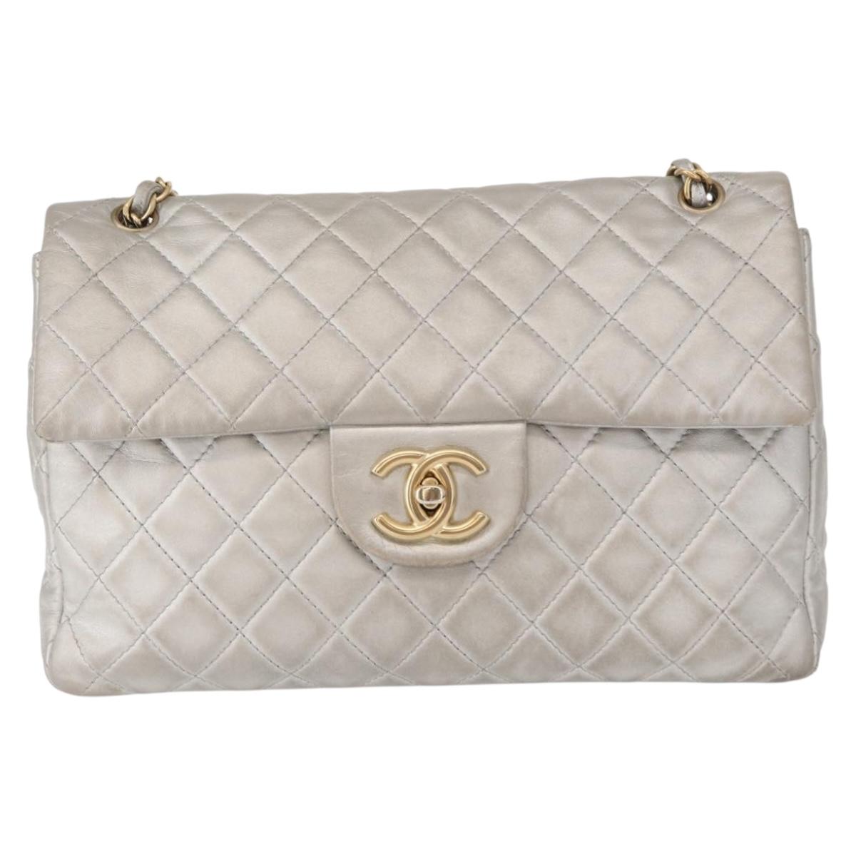 CHANEL Jumbo Matelasse Chain Shoulder Bag Lamb Skin Silver CC Auth 156351V