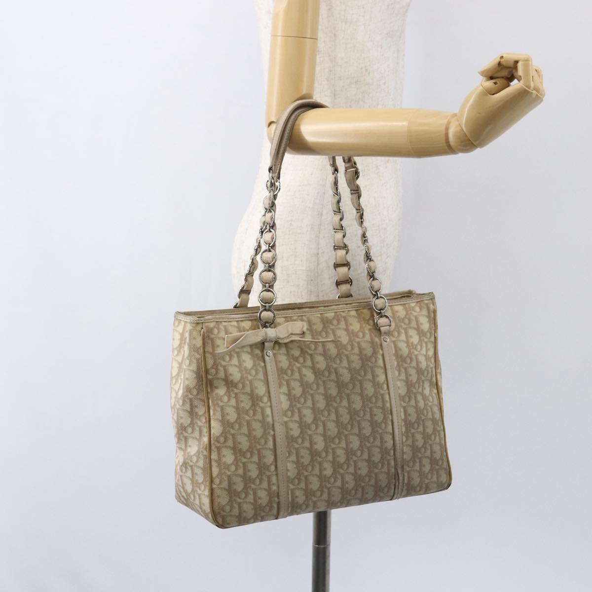 Christian Dior Trotter Canvas Romantic Hand Bag PVC Beige Silver Auth 156376