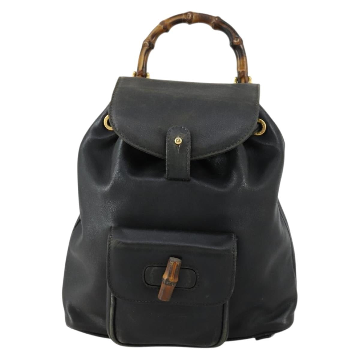 GUCCI Bamboo Backpack Leather Black Gold 003 2034 0030 Auth 156417