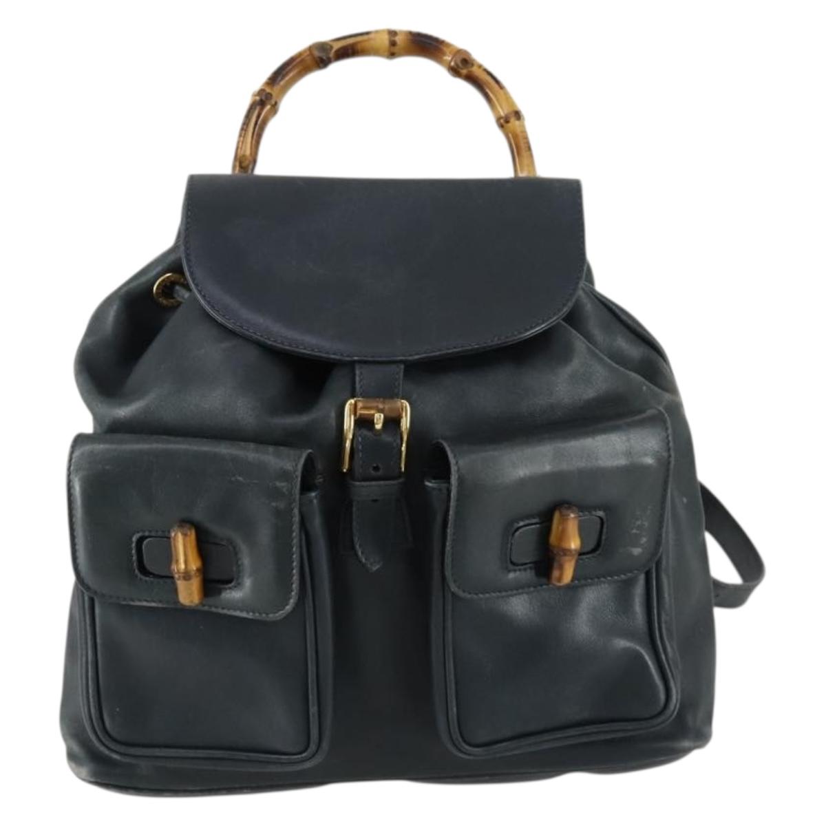 GUCCI Bamboo Backpack Leather Black Gold 003 2058 0016 Auth 156418