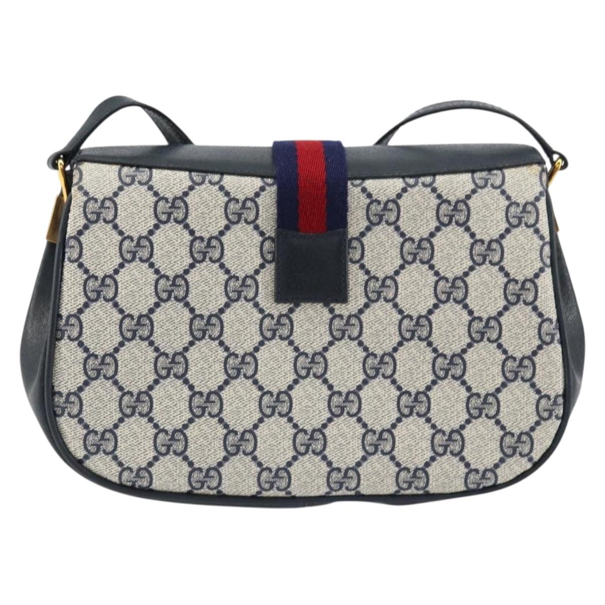 GUCCI GG Supreme Sherry Line Shoulder Bag PVC Navy Gold 10 02 024 Auth 156423