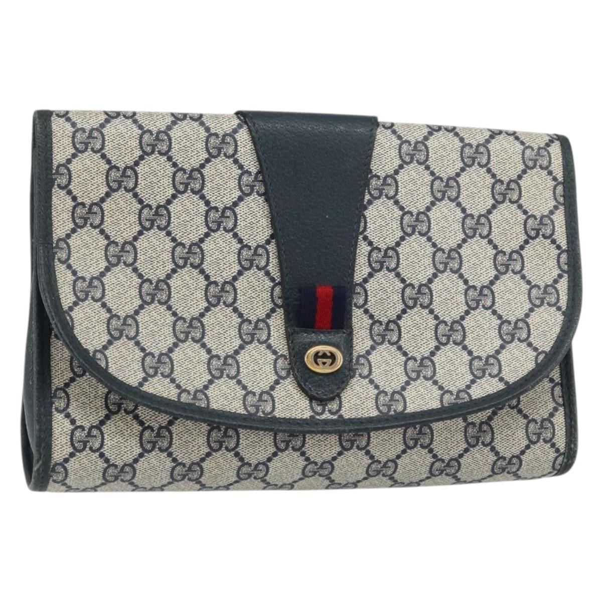 GUCCI GG Supreme Sherry Line Clutch Bag PVC Navy Gold 156 01 030 Auth 156429