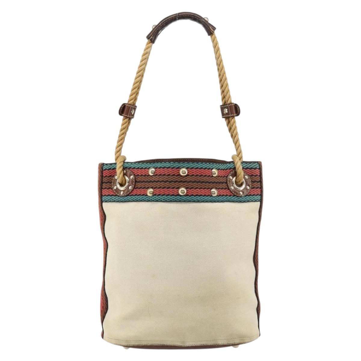 GUCCI Bamboo Shoulder Bag Canvas Beige Gold 141936 Auth 156435