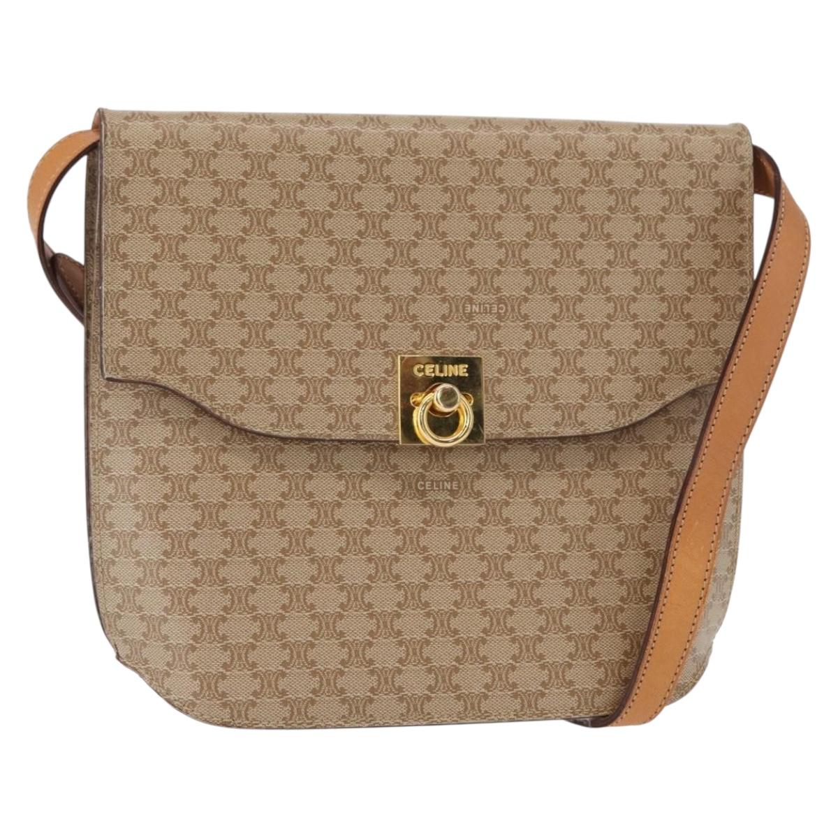 CELINE Macadam Canvas Shoulder Bag PVC Beige Gold Auth 156440