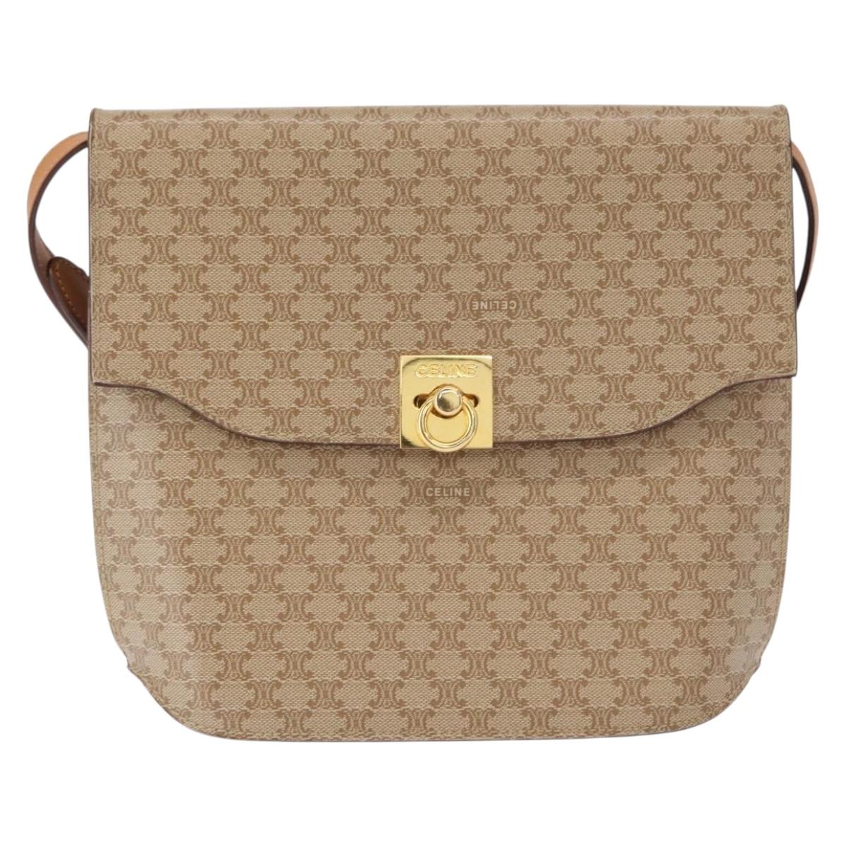 CELINE Macadam Canvas Shoulder Bag PVC Beige Gold Auth 156440