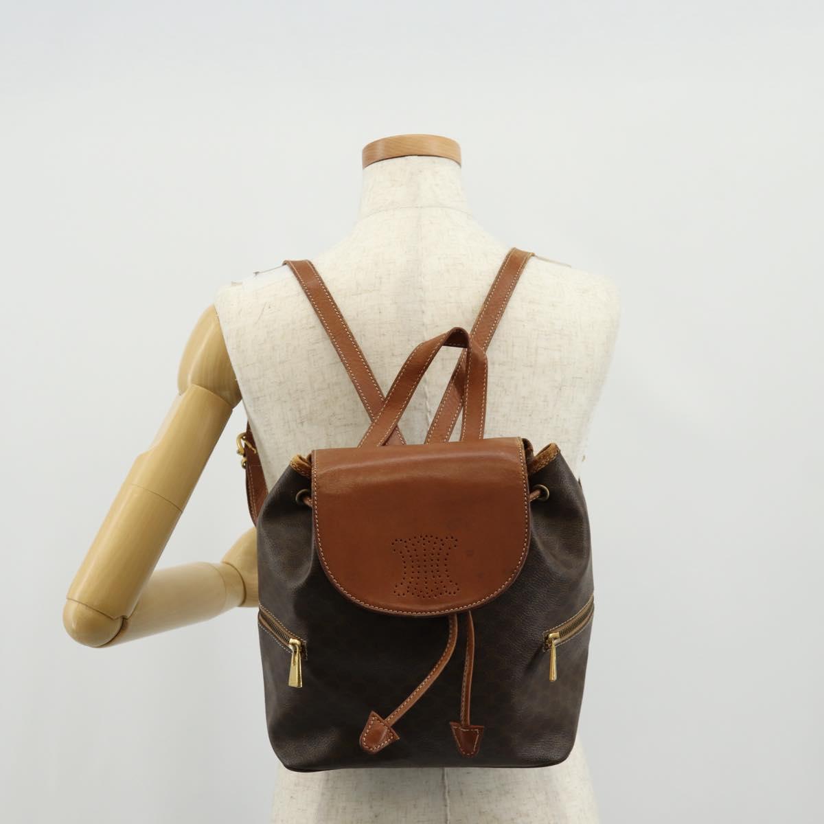 CELINE Macadam Canvas Backpack PVC Leather Brown Gold Auth 156449