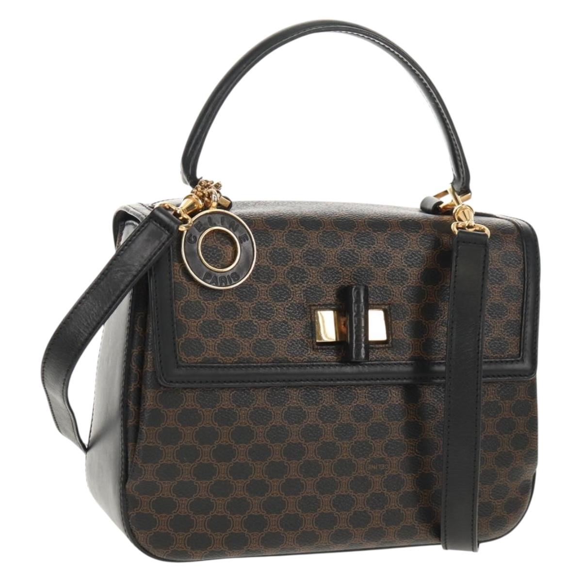 CELINE Macadam Canvas Hand Bag PVC Leather 2way Black Gold Auth 156450V