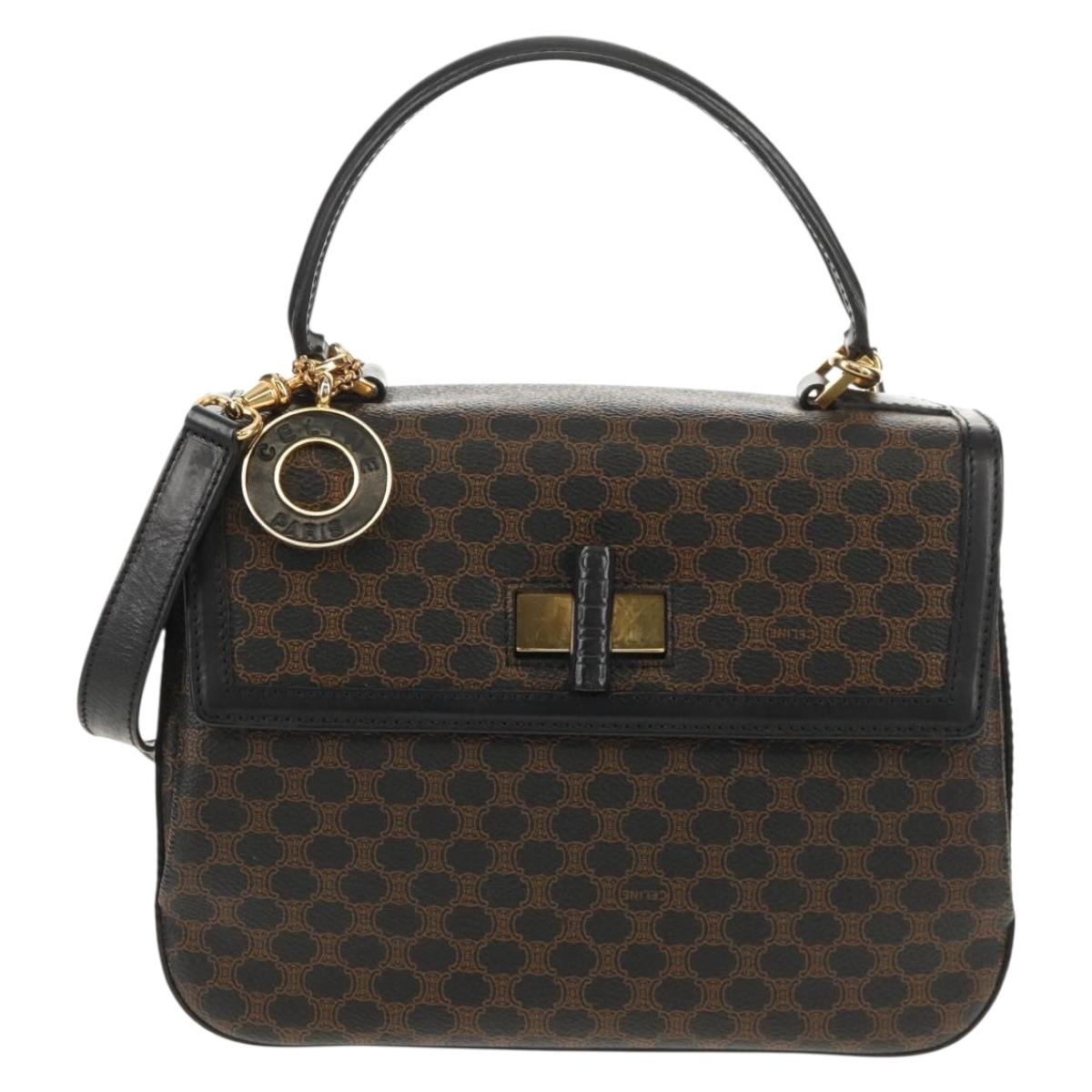 CELINE Macadam Canvas Hand Bag PVC Leather 2way Black Gold Auth 156450V