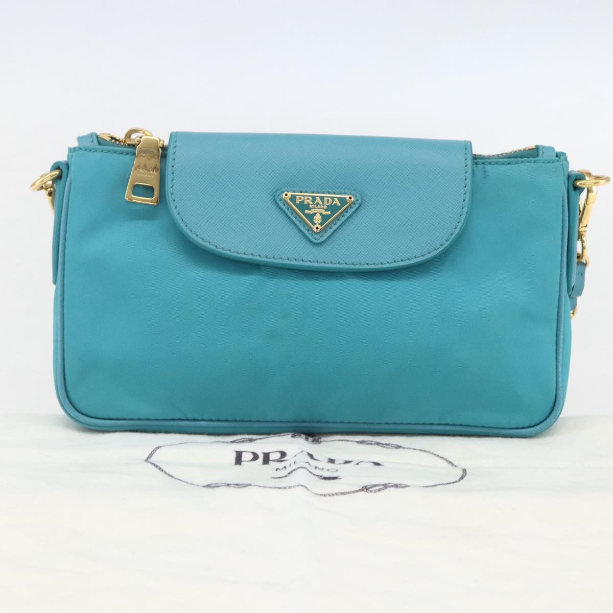 PRADA Chain Shoulder Bag Nylon Turquoise Blue Gold Auth 156453V