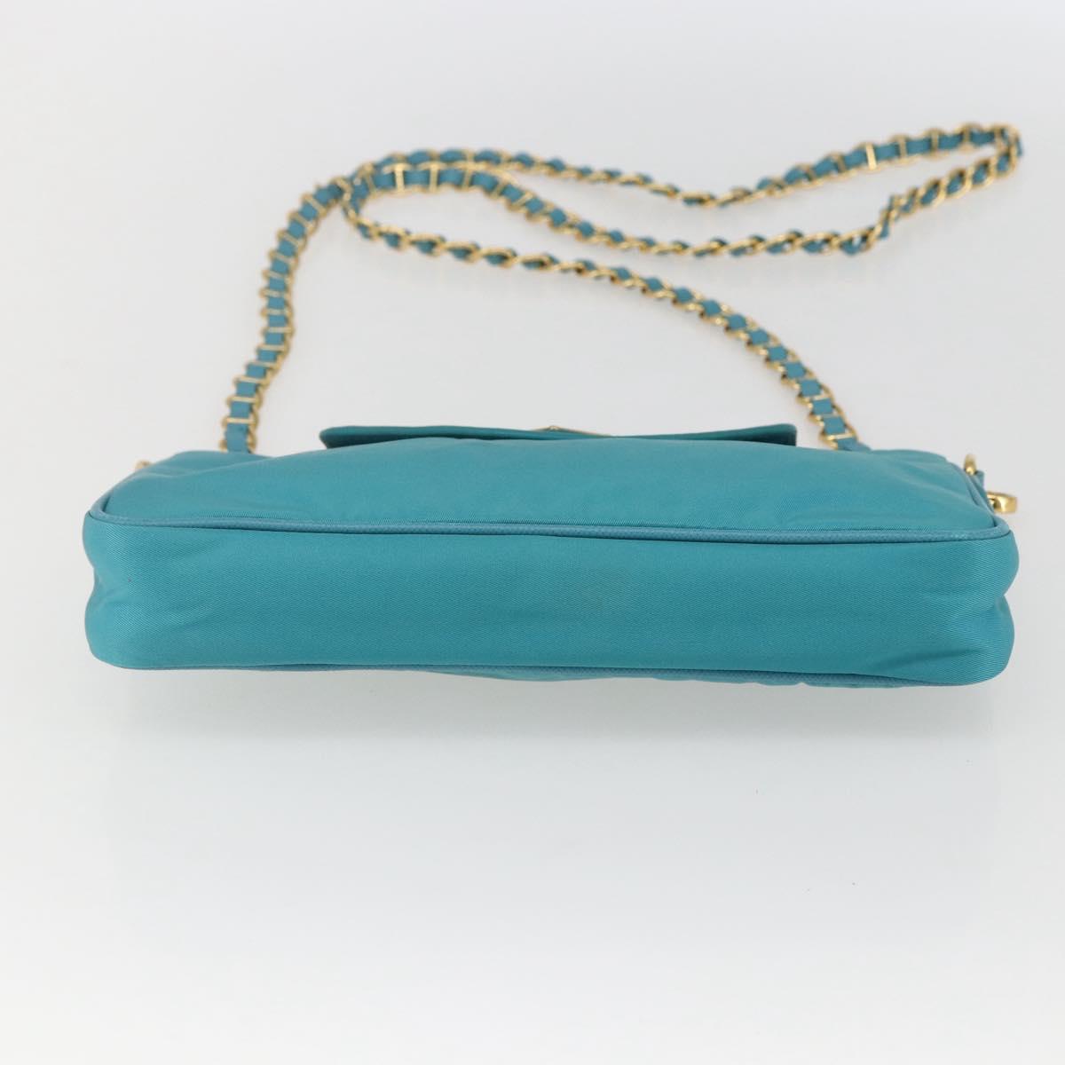 PRADA Chain Shoulder Bag Nylon Turquoise Blue Gold Auth 156453V