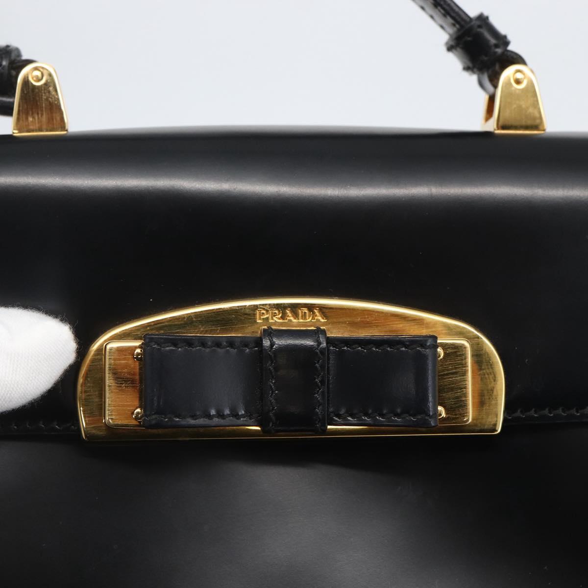 PRADA Hand Bag Leather Black Gold Auth 156455V