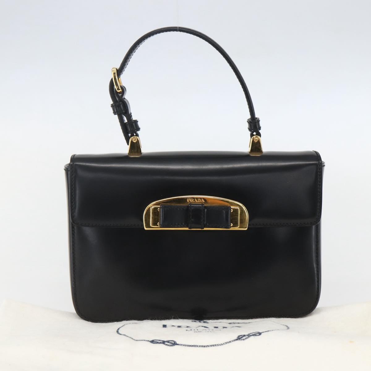 PRADA Hand Bag Leather Black Gold Auth 156455V