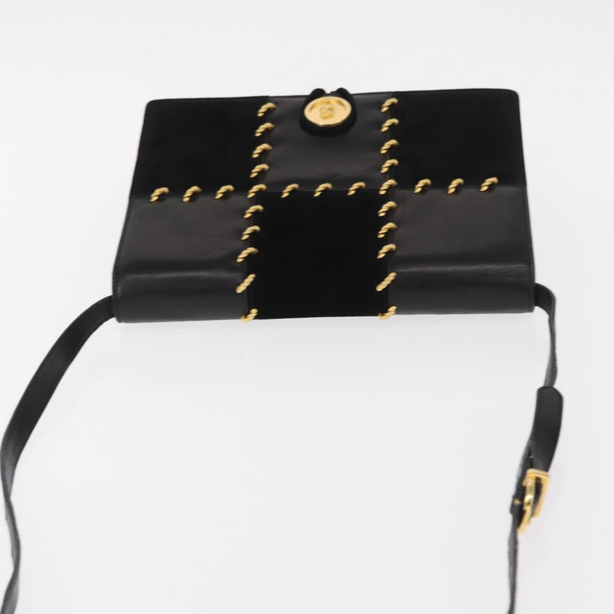Salvatore Ferragamo Gancini Shoulder Bag Suede Leather Black Gold Auth 156462