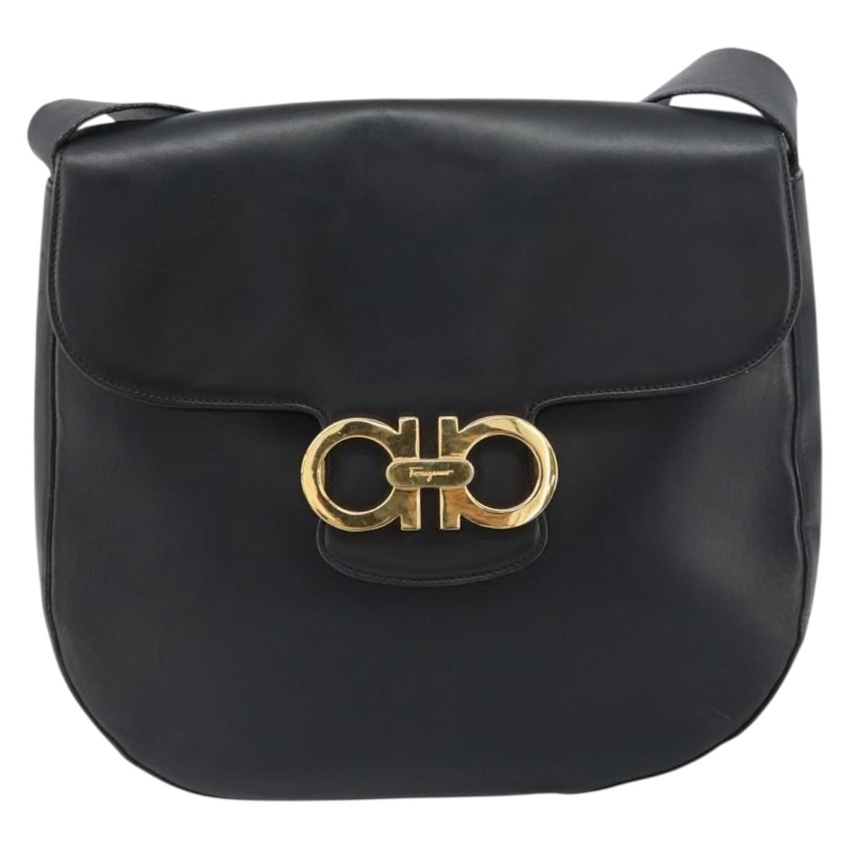 Salvatore Ferragamo Gancini Shoulder Bag Leather Black Gold Auth 156463