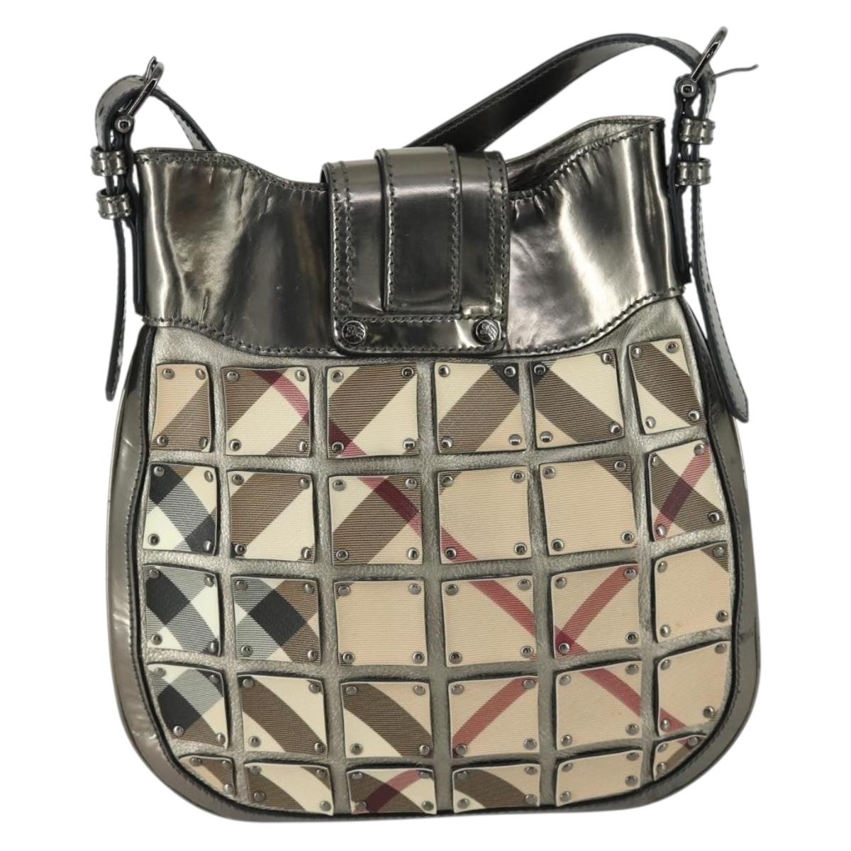 BURBERRY Nova Check Shoulder Bag PVC Beige Silver Auth 156476