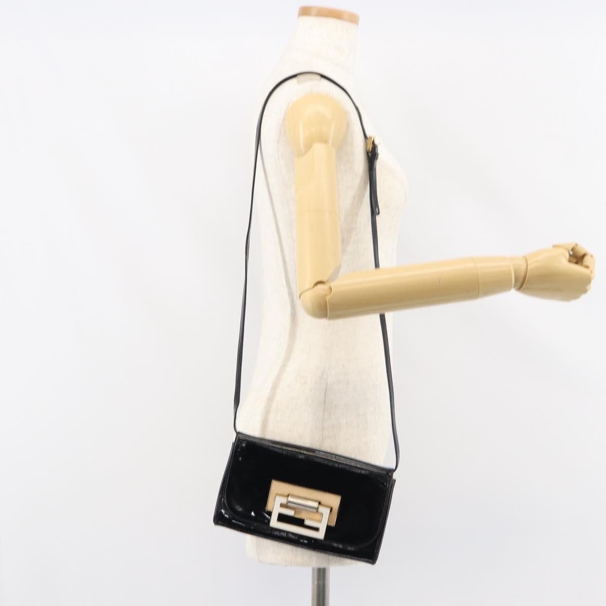 FENDI Shoulder Bag Enamel Black Gold Auth 156479