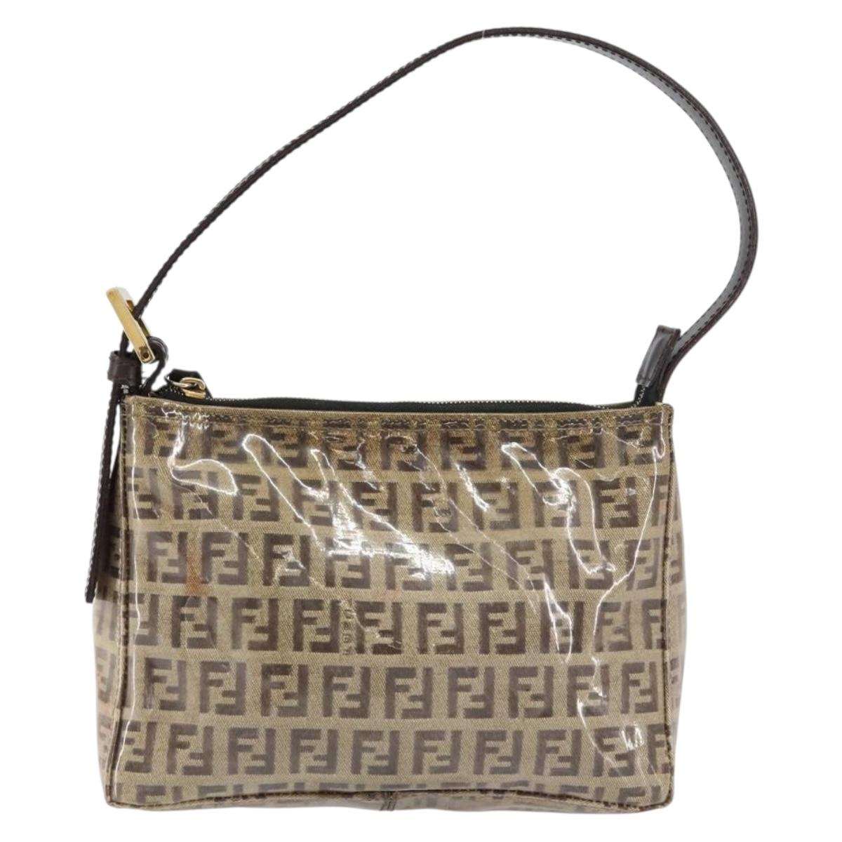 FENDI Zucchino Canvas Pouch Enamel Beige Gold Auth 156480