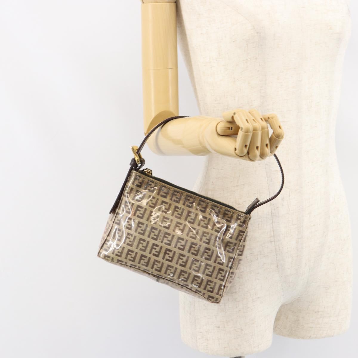 FENDI Zucchino Canvas Pouch Enamel Beige Gold Auth 156480