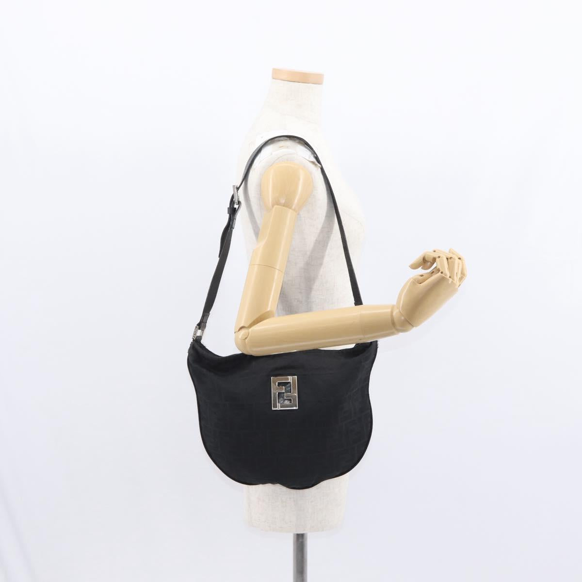 FENDI Zucca Canvas Shoulder Bag Black Silver Auth 156481
