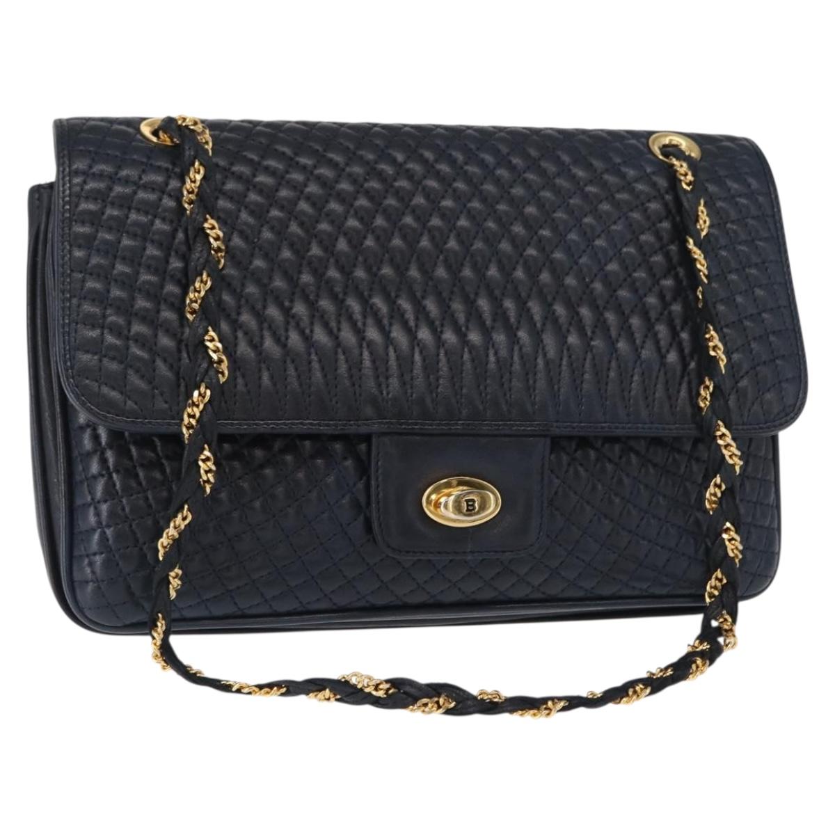 BALLY Chain Shoulder Bag Leather Navy Gold Auth 156485