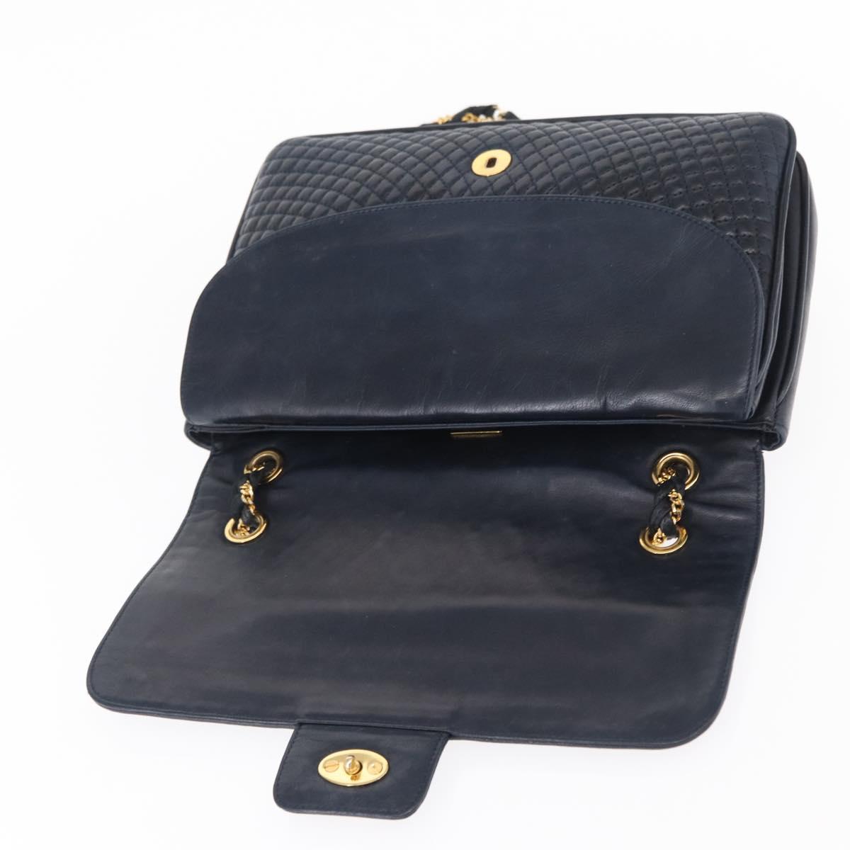 BALLY Chain Shoulder Bag Leather Navy Gold Auth 156485