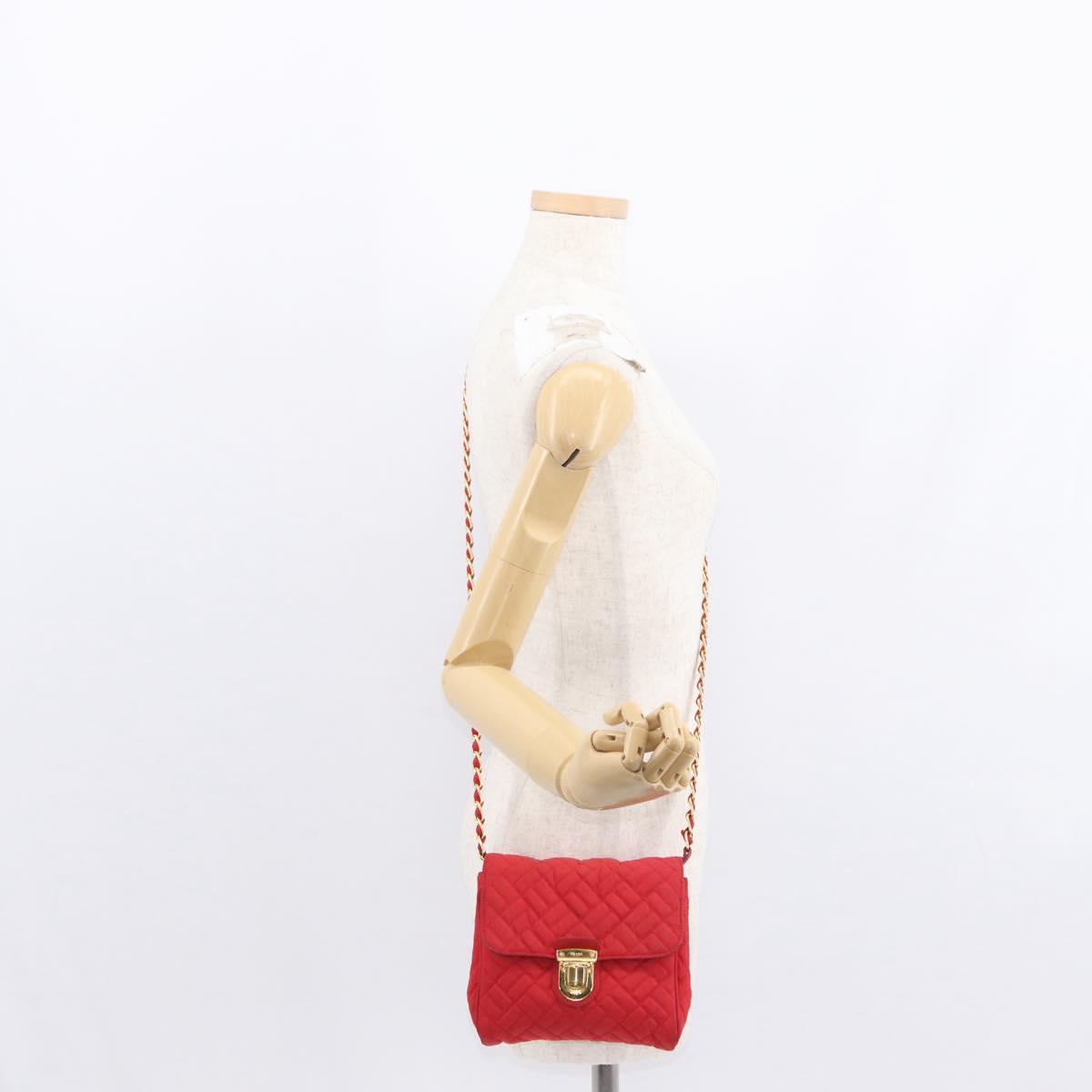 PRADA Chain Shoulder Bag Nylon Red Gold Auth 156490