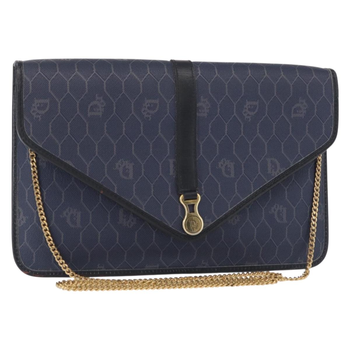 Christian Dior Honeycomb Canvas Chain Shoulder Bag PVC Navy Gold Auth 156493