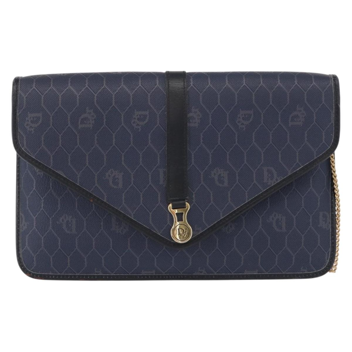 Christian Dior Honeycomb Canvas Chain Shoulder Bag PVC Navy Gold Auth 156493
