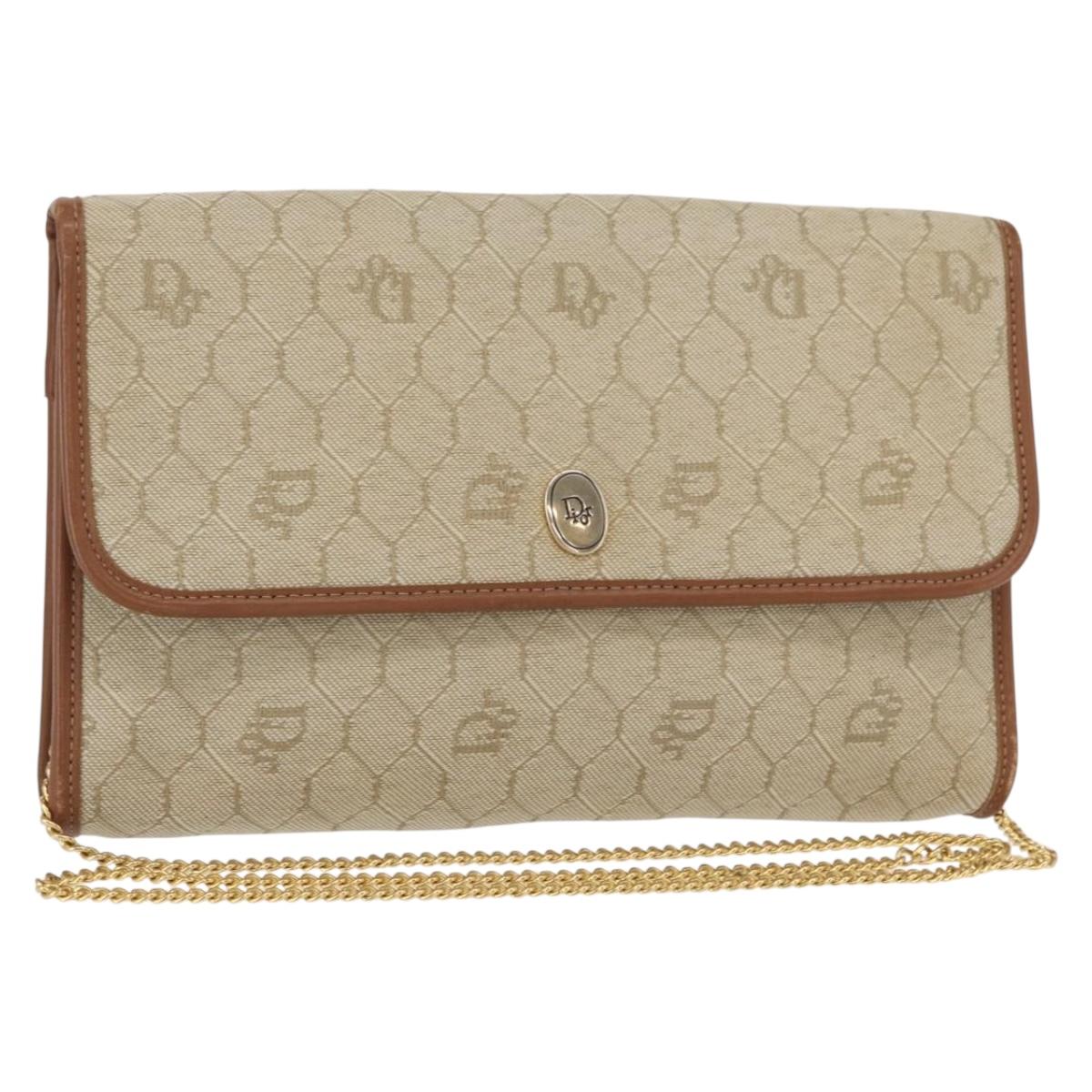 Christian Dior Honeycomb Canvas Chain Shoulder Bag PVC Beige Gold Auth 156494