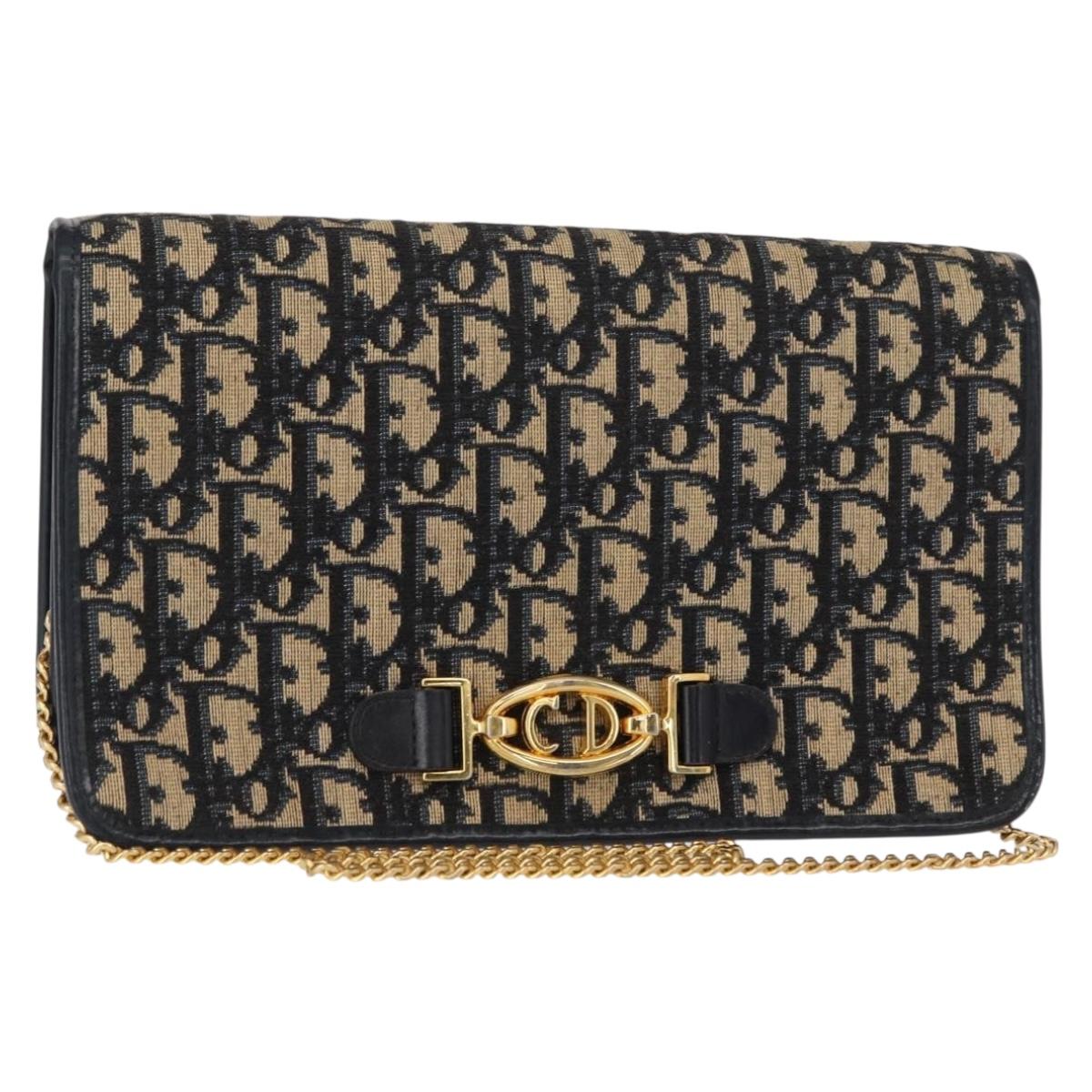 Christian Dior Trotter Canvas Chain Shoulder Bag Navy Gold Auth 156501V