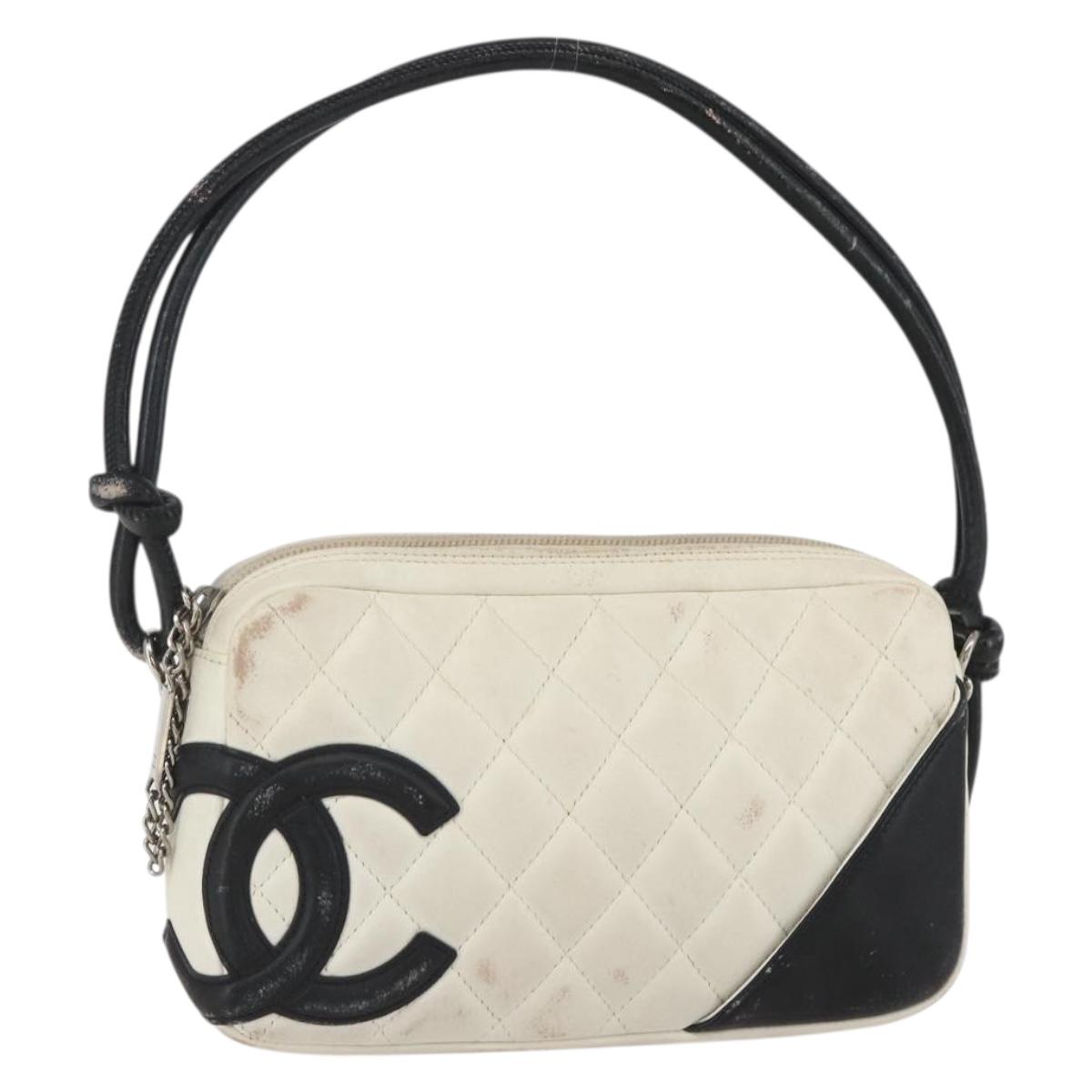CHANEL Matelasse Cambon Line Hand Bag Calf Skin White Silver CC Auth 156503