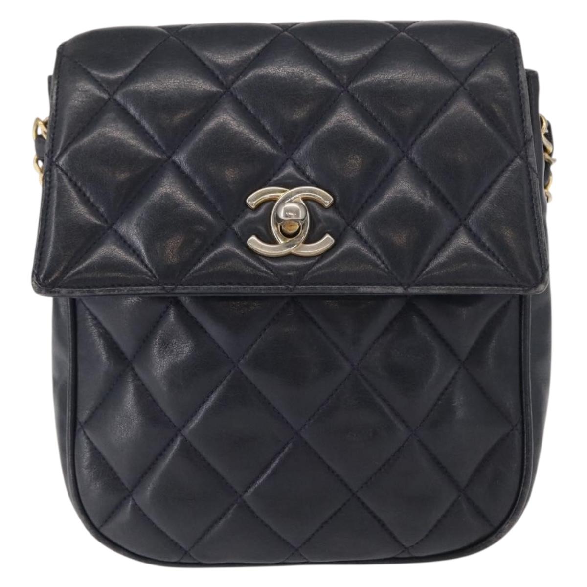 CHANEL Matelasse Chain Shoulder Bag Lamb Skin Navy Gold CC Auth 156505