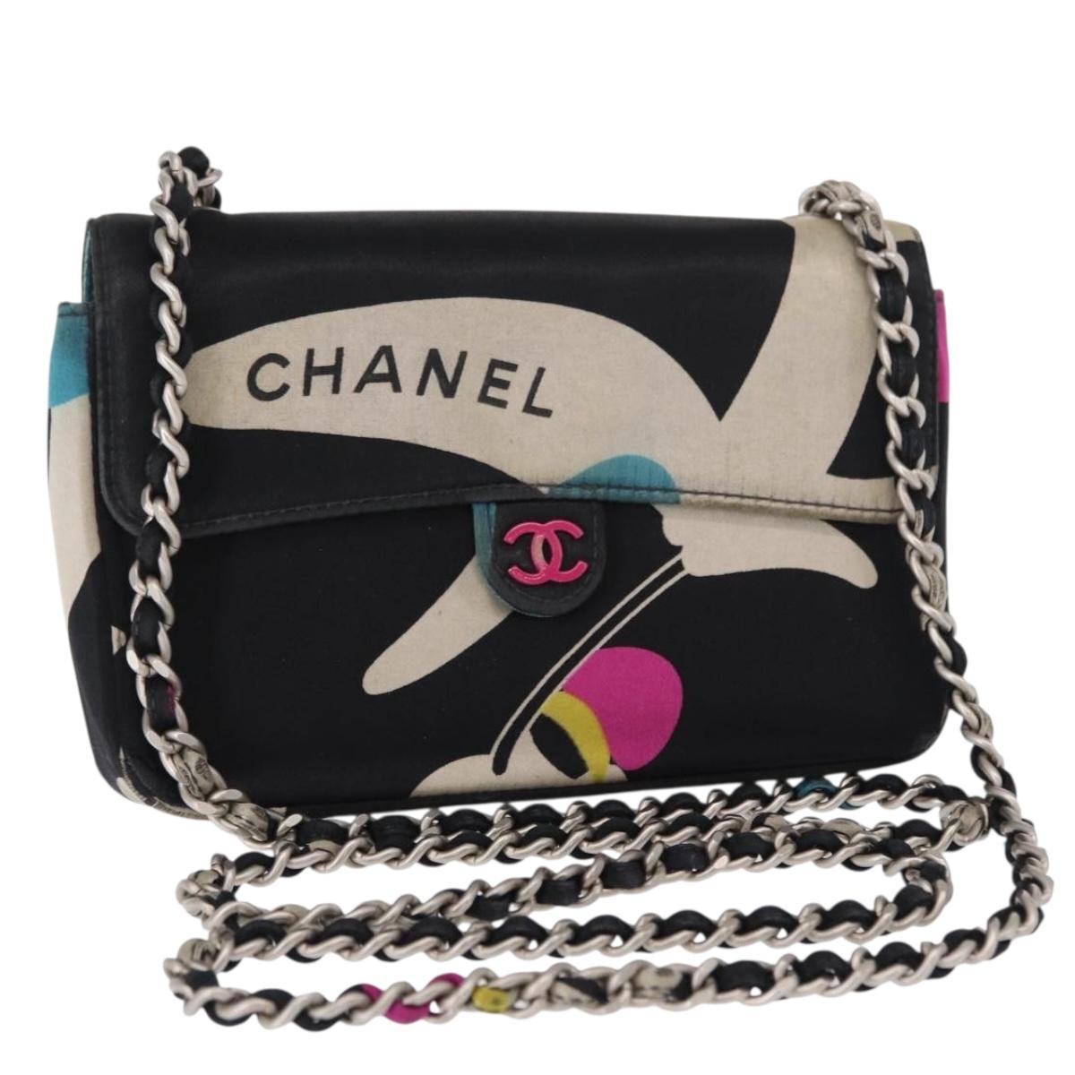 CHANEL Chain Shoulder Bag Satin Black Silver CC Auth 156506