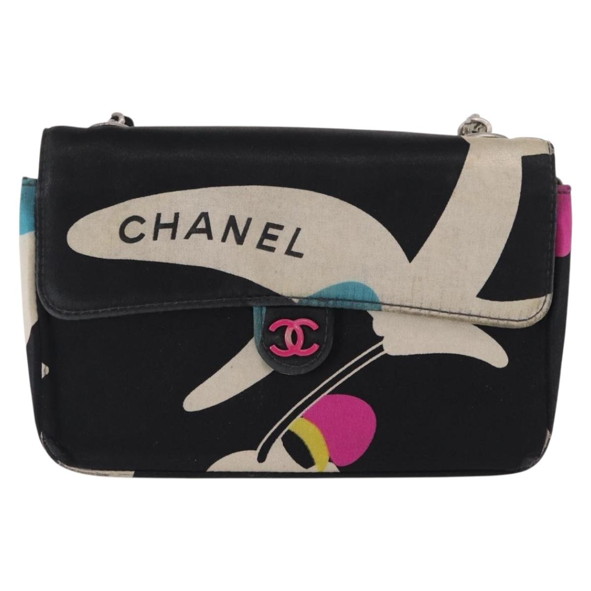 CHANEL Chain Shoulder Bag Satin Black Silver CC Auth 156506
