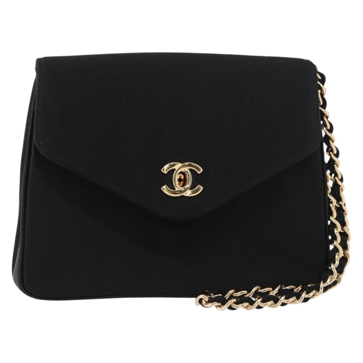 CHANEL Pouch Satin Black Gold CC Auth 156507