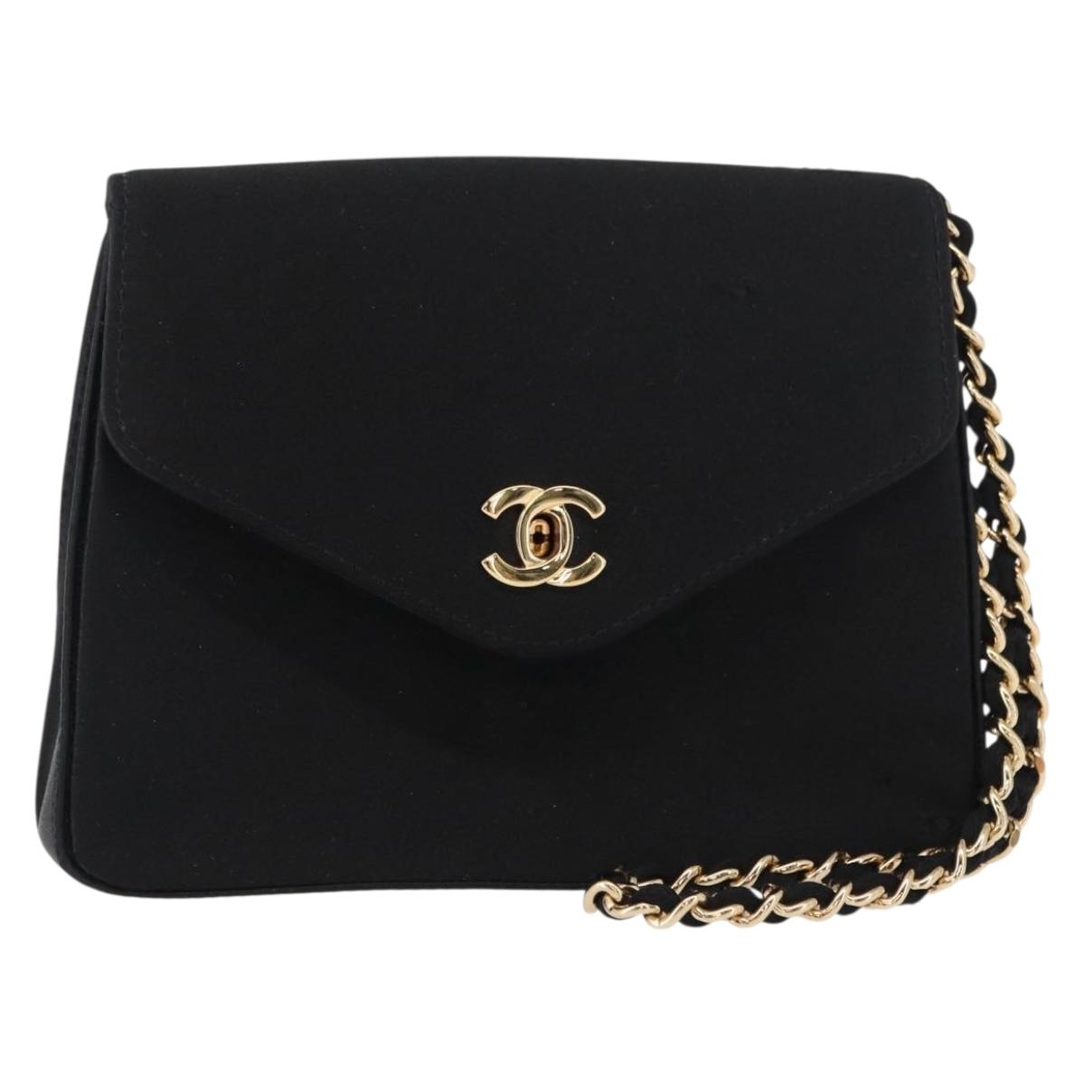 CHANEL Pouch Satin Black Gold CC Auth 156507
