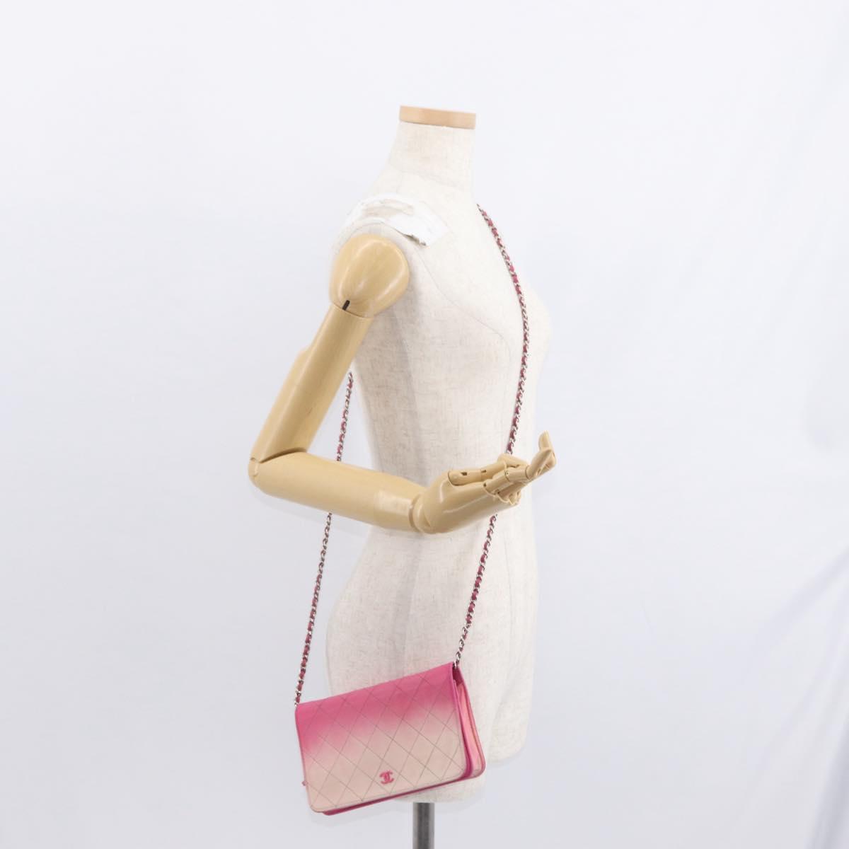 CHANEL Chain Shoulder Bag Leather Pink Silver CC Auth 156508