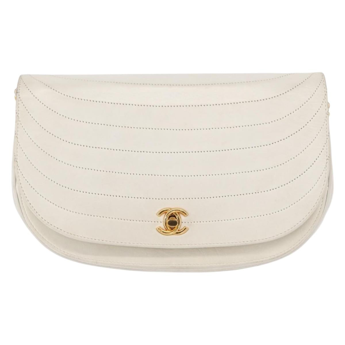 CHANEL Chain Shoulder Bag Leather White Gold CC Auth 156509