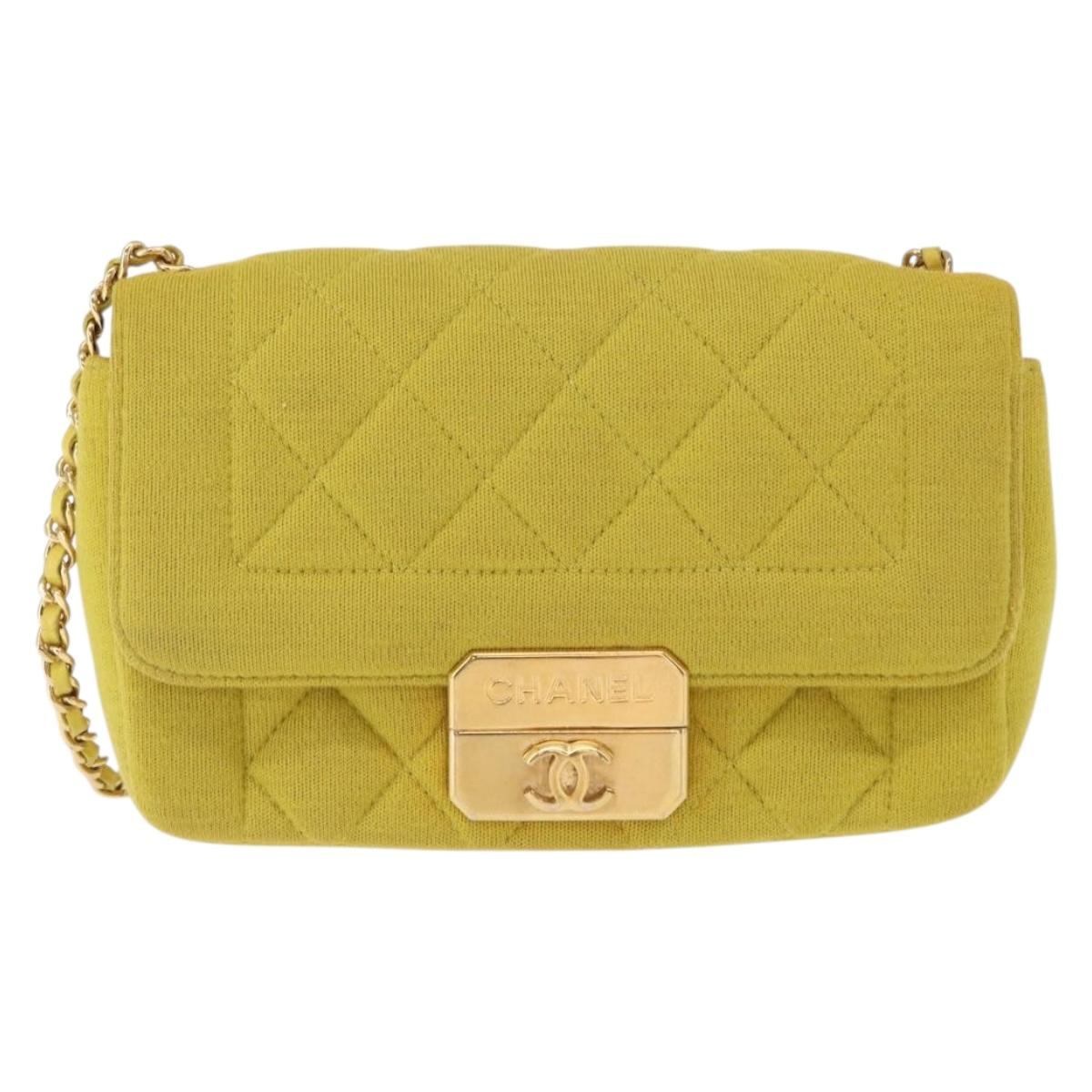 CHANEL Matelasse Chain Shoulder Bag Cotton Yellow Gold CC Auth 156510V