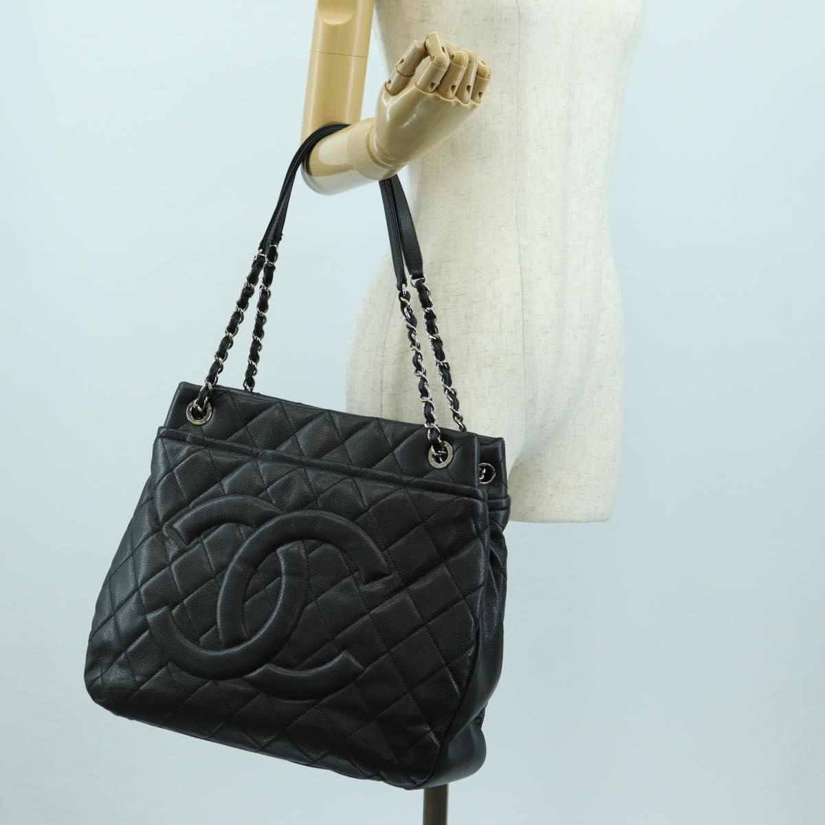 CHANEL Matelasse Chain Shoulder Bag Caviar Skin Black Silver CC Auth 156514V