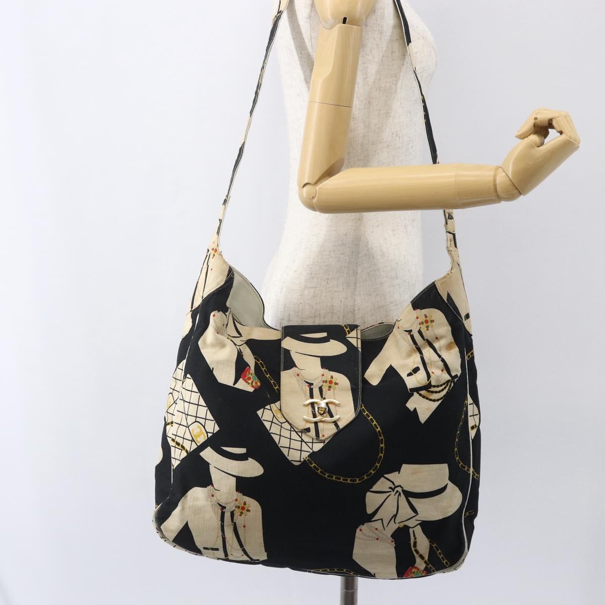 CHANEL Shoulder Bag Canvas Black Gold CC Auth 156515