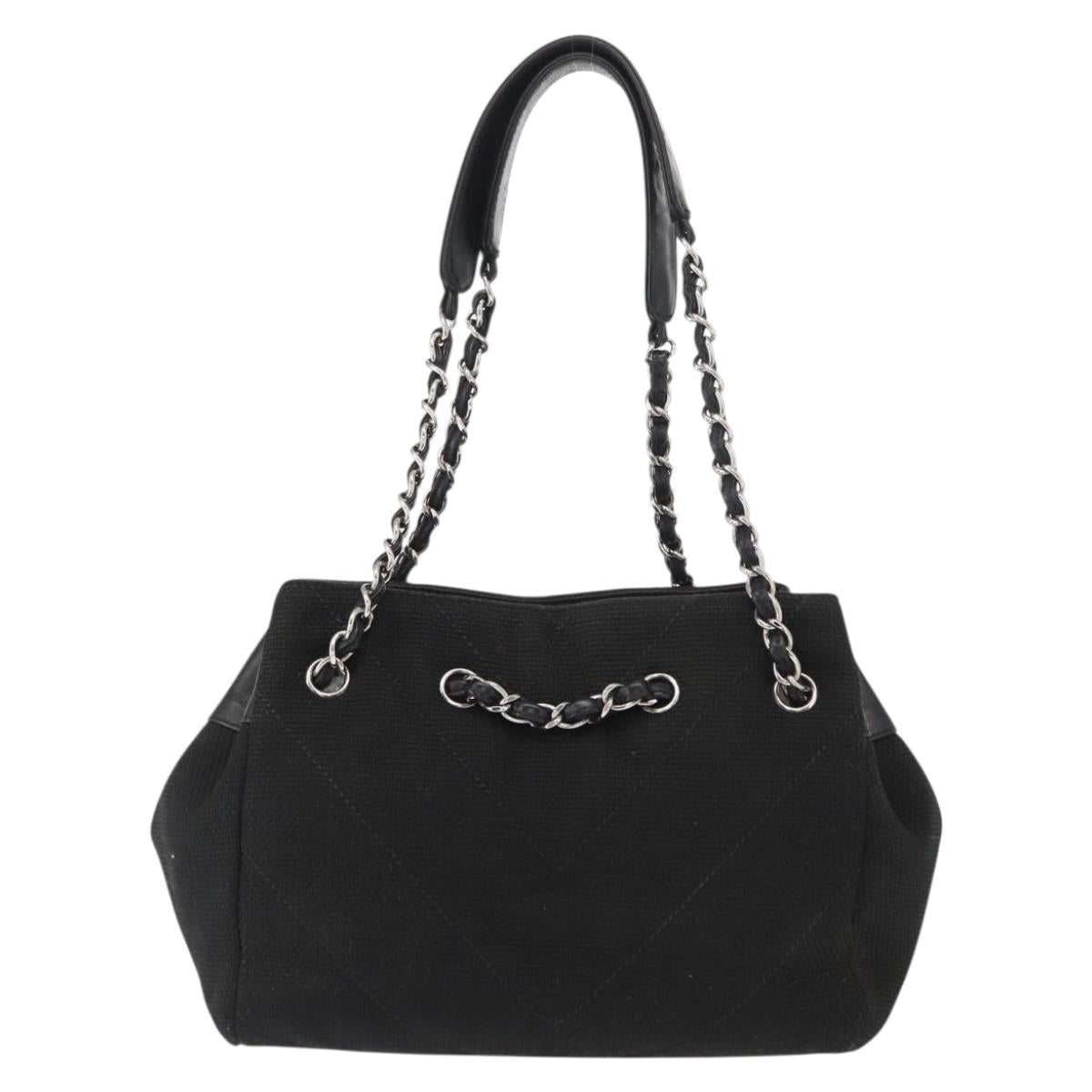 CHANEL Matelasse Chain Shoulder Bag Canvas Black Silver CC Auth 156626V